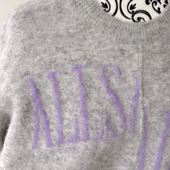 All Saints Alpaca/Wool Blend Mohair Split Logo Sweater Grey Lavender S - Picture 2 of 6